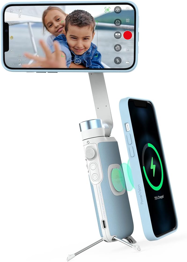 PowerVision S1, The Smallest Smartphone Gimbal, 3-Axis Phone Stabilizer with Built-in Tripod, Wireless Powerbank, and AI Tracking of Motion and Faces, for Vlogging or TikTok (Explorer Kit, Black)