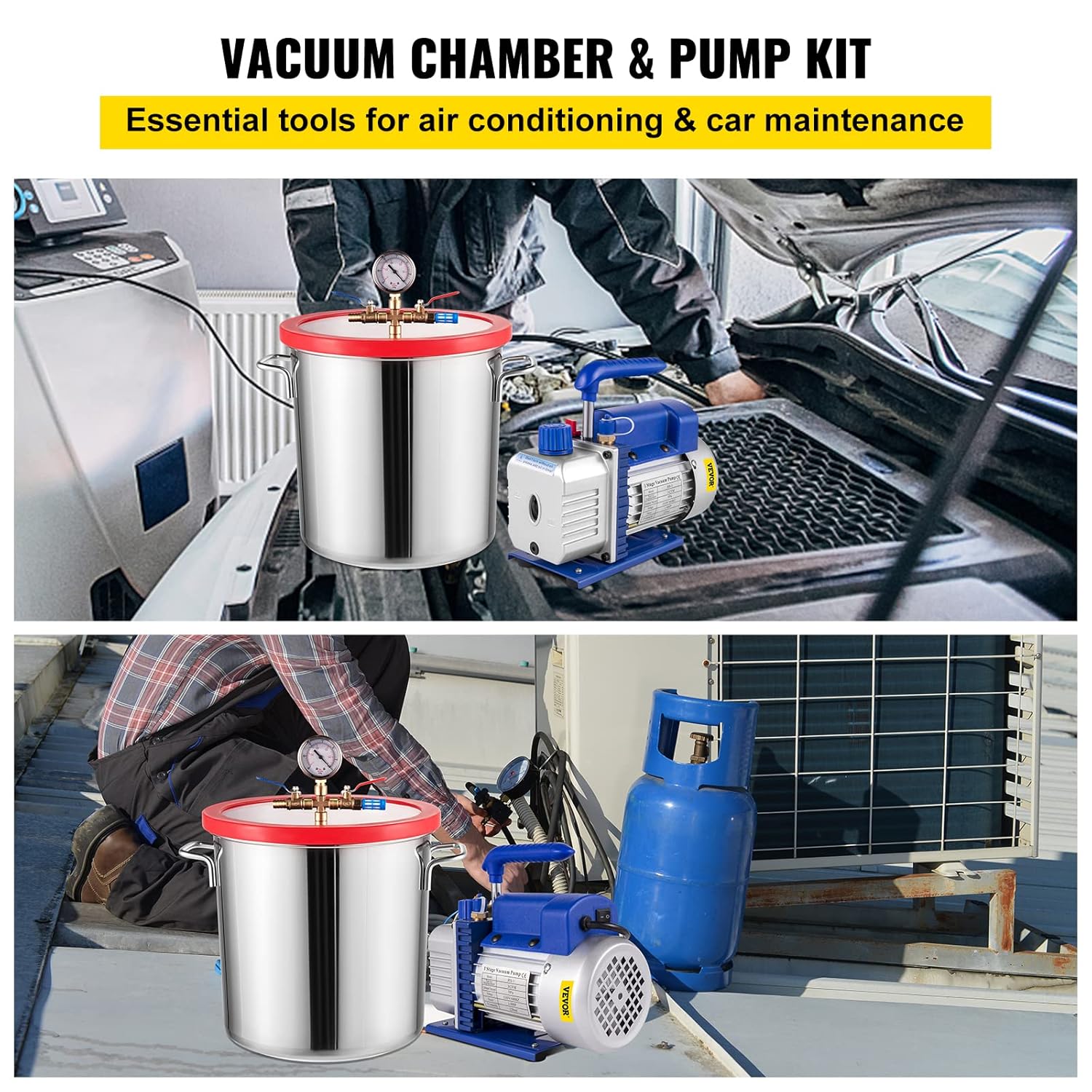 VEVOR Vacuum Chamber with Pump 3CFM 1/4HP Single Stage Vacuum Pump with High-Capacity 5 Gallon Vacuum Chamber, Vacuum Pump Chamber Kit Vacuum Degassing Chamber Kit for Air Conditioning Systems