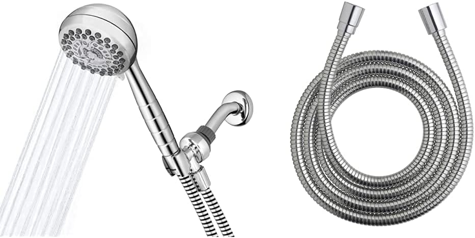 Waterpik High Pressure Powerpulse Massage Hand Held, 2.5 GPM, Chrome Detachable Shower head with 7 Spray Settings and 5' Hose & HOS-960M Ultra-Flexible Replacement Metal Shower Hose, 96-inch, Chrome Pack of 2