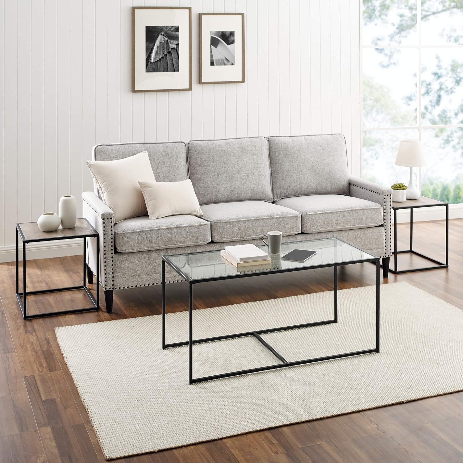 Walker Edison Industrial Modern Metal Frame Wood Rectangle Side Accent Table Set Living Room Storage Shelf End Table, 20 Inch, Dark Walnut