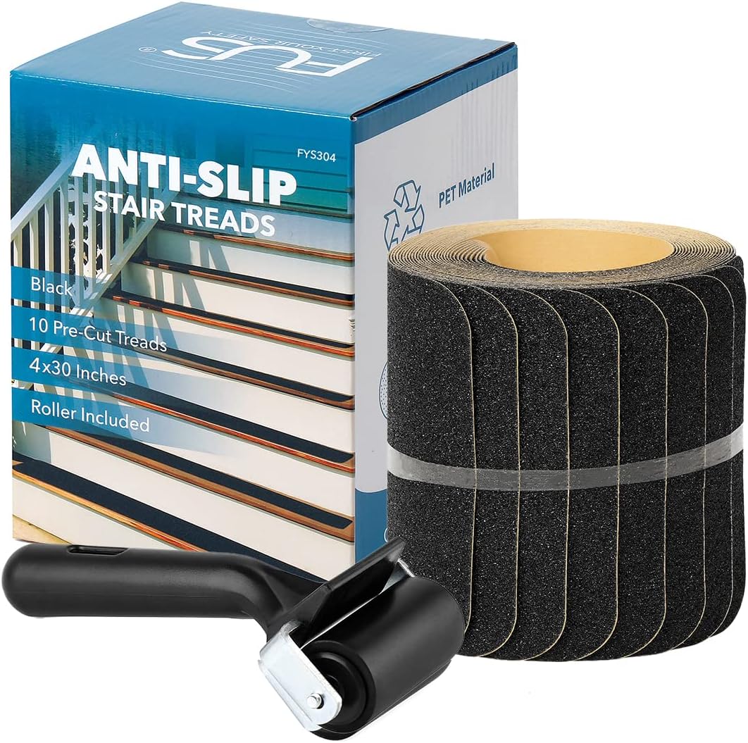Anti-Slip Stair Treads - 80-Grit Black Non-Skid Tape for Indoor & Outdoor Steps, Staircases - 10 Pre-Cut PET Traction Strips with Roller for Easy Installation (6x30, Black)
