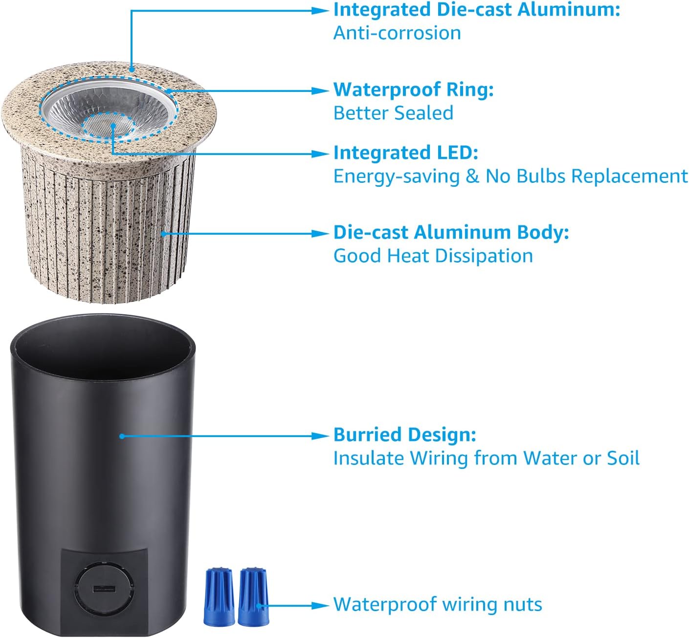 LEONLITE 7W LED Well Light, Low Voltage Landscape Lights, 12V-24V, Outdoor In Ground Lights, IP67 Waterproof, Aluminum, 3000K Warm White, Landscape Pathway Lighting for Garden, Pebble Grey, Pack of 6