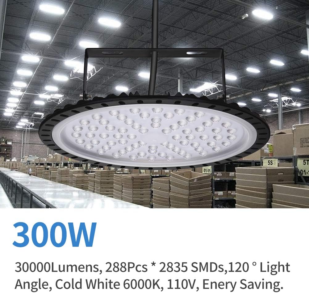 300W 5pcs UFO LED High Bay Lighting Factory Warehouse Industrial Lighting IP54 30000LM Warehouse LED Lights- High Bay LED Lights- Commercial Bay Lighting for Garage Factory Workshop Gym