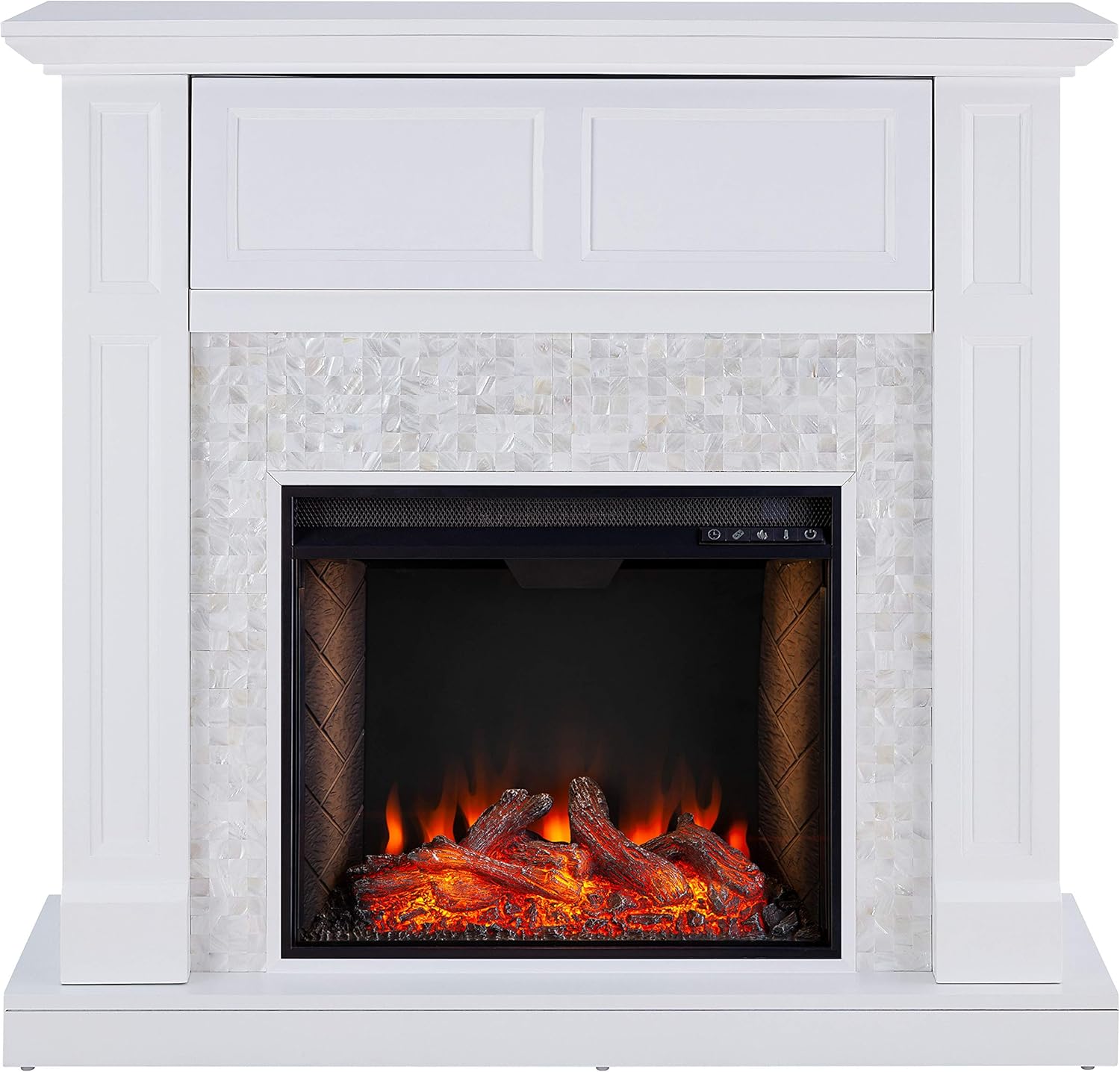 SEI Furniture Nobleman Mother of Pearl Tiled Alexa-Enabled Electric Hidden Media Shelf Fireplace, White