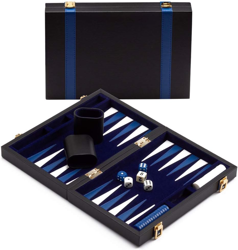 GSE Games & Sports Expert Small/Medium/Large Leather Backgammon Board Game Set (Black&Blue, Small) Pack of 2