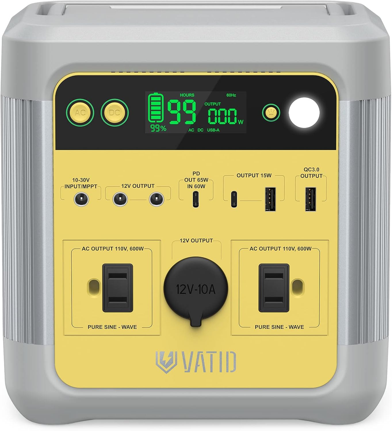VATID 600W Portable Power Station,3.5hrs Fully Recharge,518Wh Solar Generator,110V AC,12V Regulated DC,USB PD Input/Output,Battery Power Generator for Camping Blackout,Shipped from CA