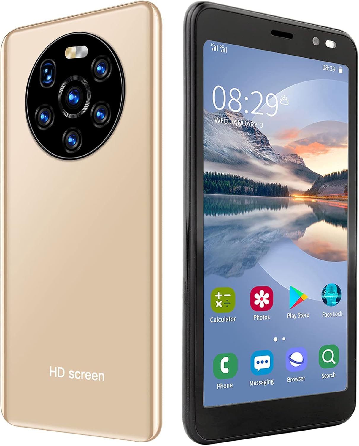 5.45in HD Full Screen Cell Phones, Mate40 Pro Dual Card Dual Standby Smartphones, 512MB+4GB Android 6 Smart Phone, MTK6572 Dual-Core CPU, Face Recognition Unlocking(Gold) Pack of 2