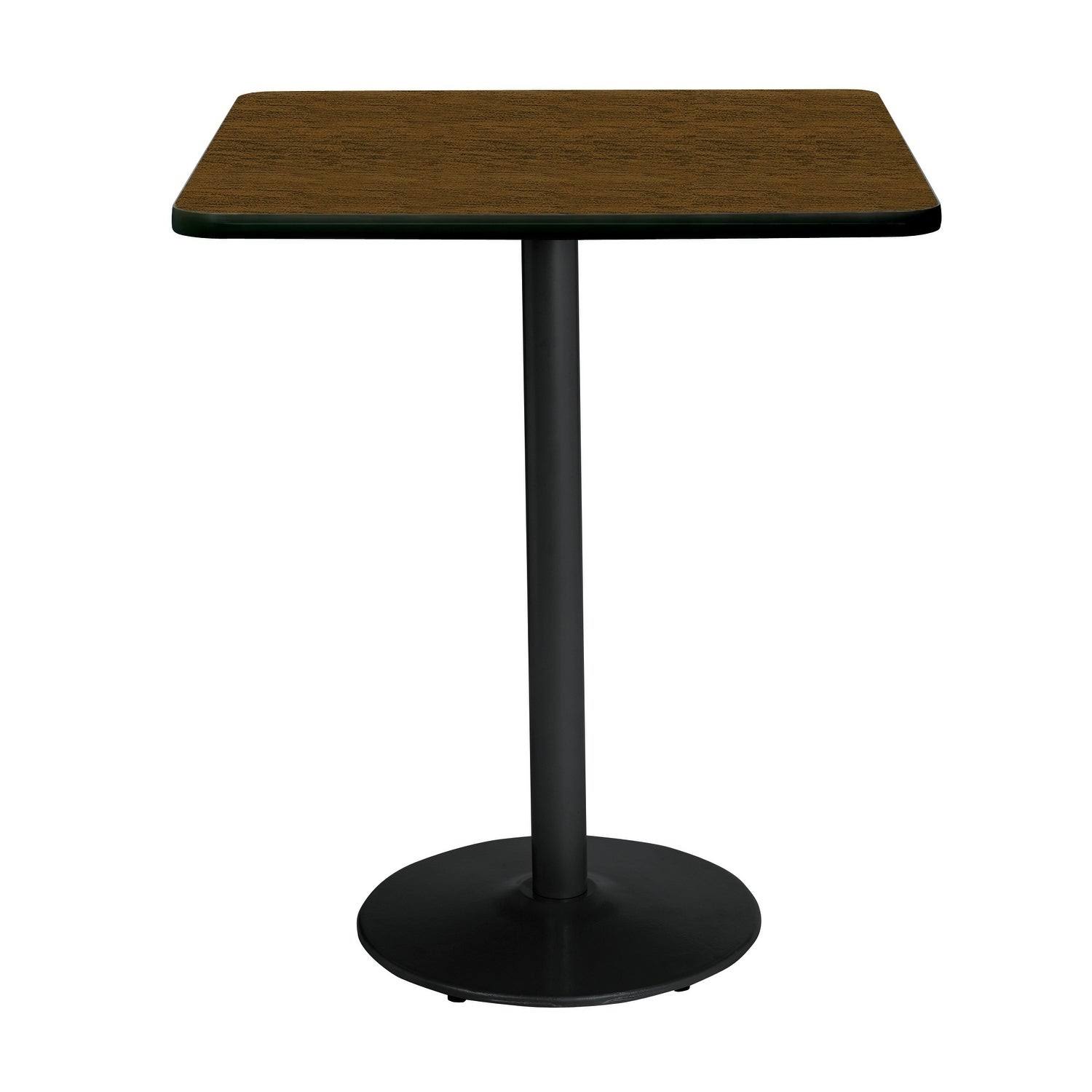 KFI 42x22 Square Breakroom Table with Walnut Top Round Black Base Bistro Height