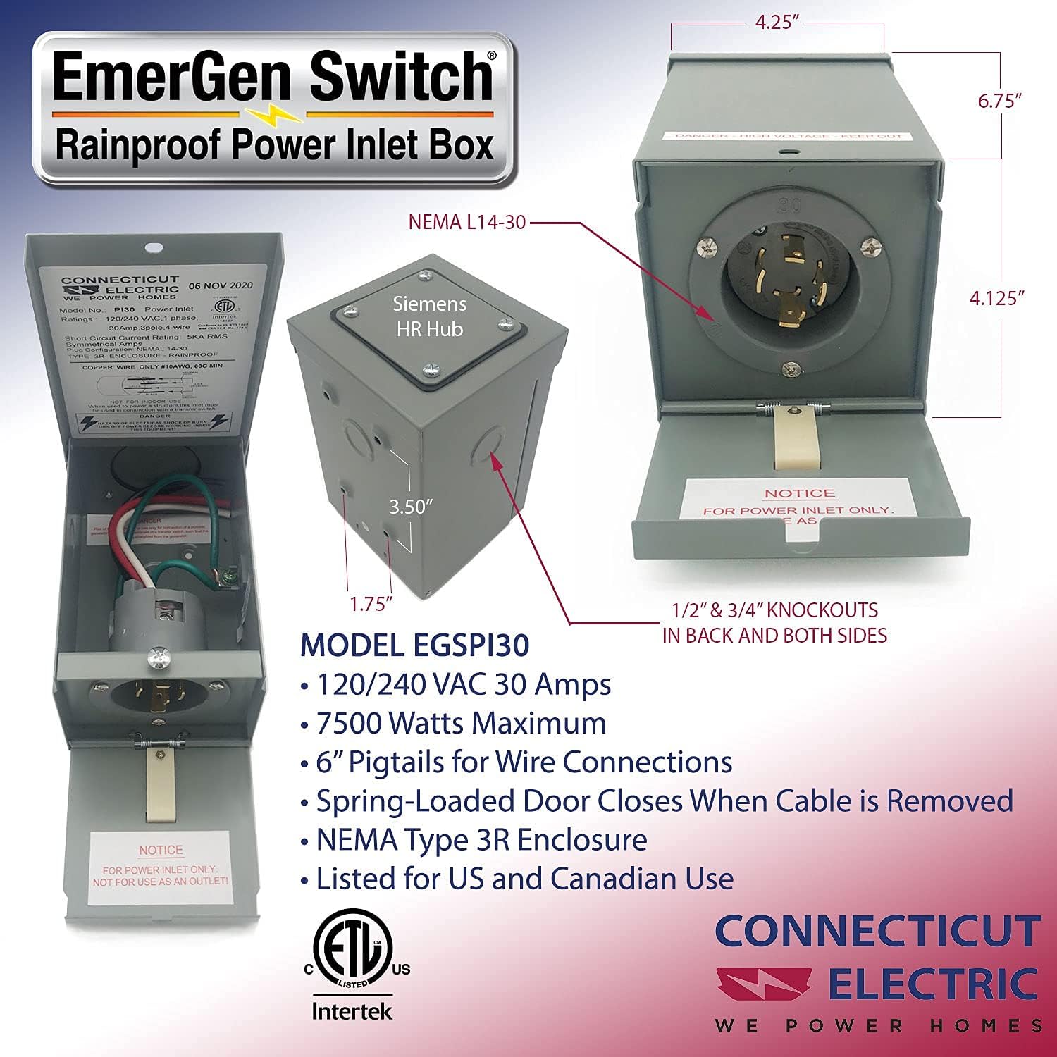 Connecticut Electric 30-Amp Power Inlet Box with Hinged Door, NEMA 3R Power Inlet Box, Generators Up To 7,500 Running Watts, ETL Listed Pack of 2
