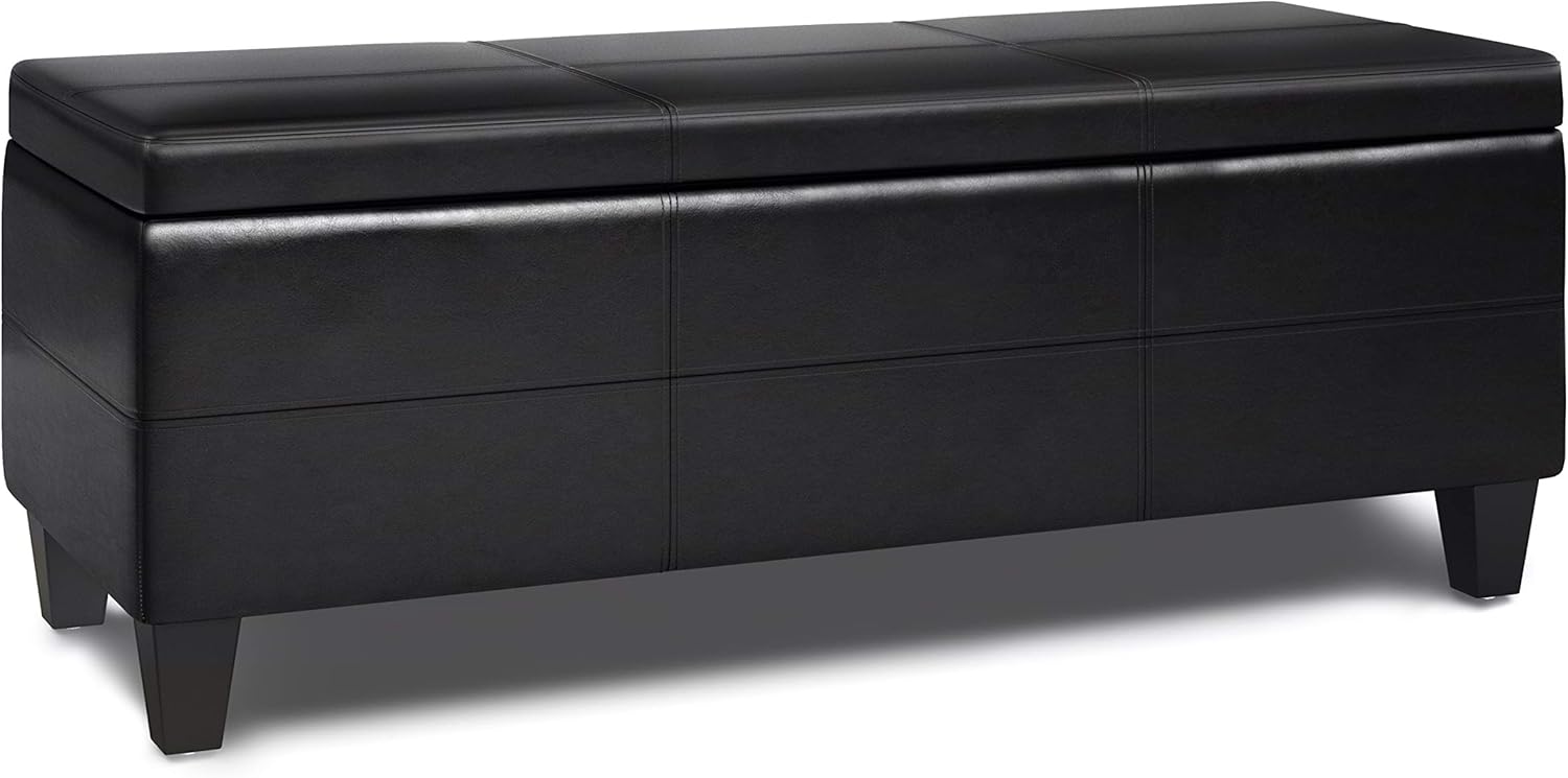 SIMPLIHOME Afton 48 inch Wide Contemporary Rectangle Storage Ottoman Bench in Midnight Black Faux Leather, Rectangle, for the Living Room, Family Room, Assembly Required
