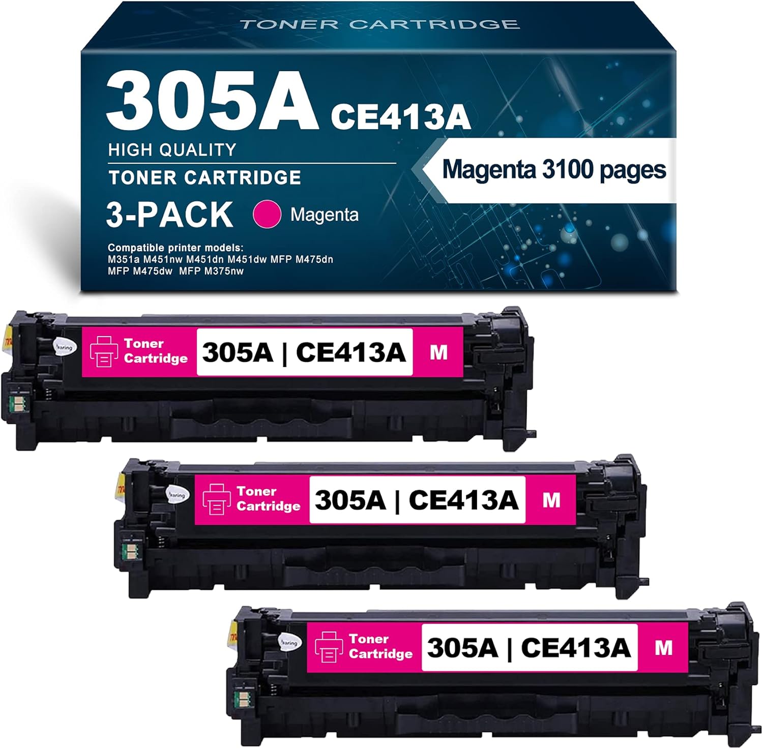 305A Toner 3 Pack Compatible 305A|CE413A Remanufactured Ink Cartridge Replacement for HP M451nw M451dn M451dw M351a MFP M475dn M475dw M375nw Printer.