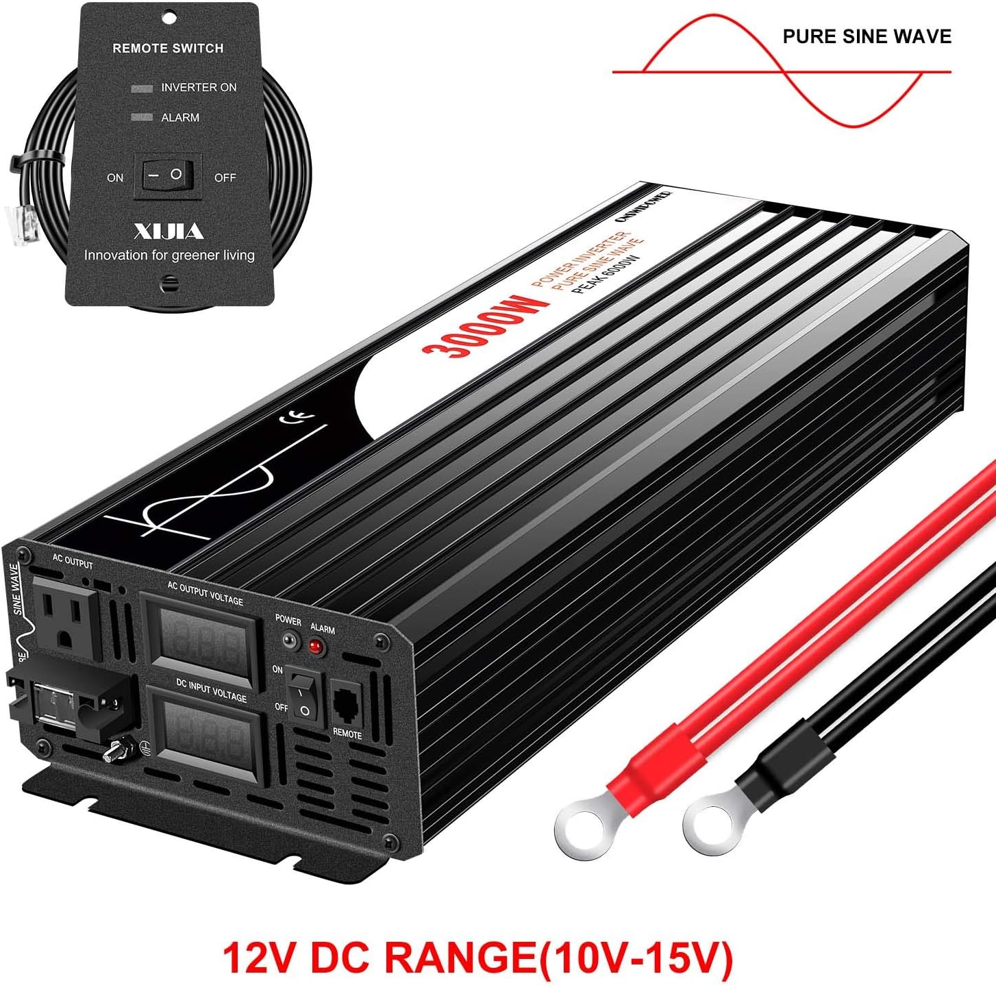 DC 12v AC 120V 60HZ Pure sine Wave 3000w Solar Power Inverter with Remote Switch&Soft Start for Home (DC12V (Range 10V-15V) 3000W)