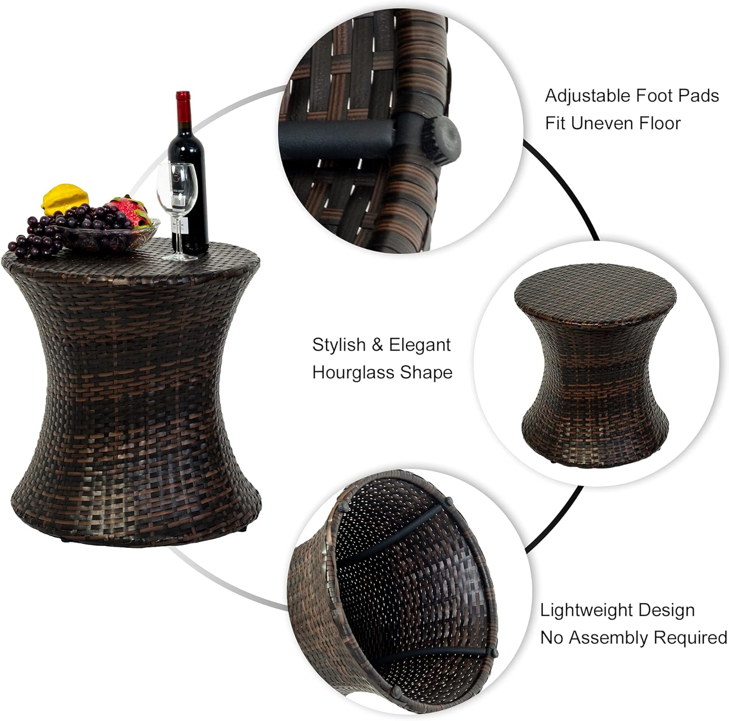 Sundale Outdoor Small Side Table, Patio Rattan End Table, 20 Inch Hourglass Wicker Accent Tables, Steel Frame, Lightweight, Brown