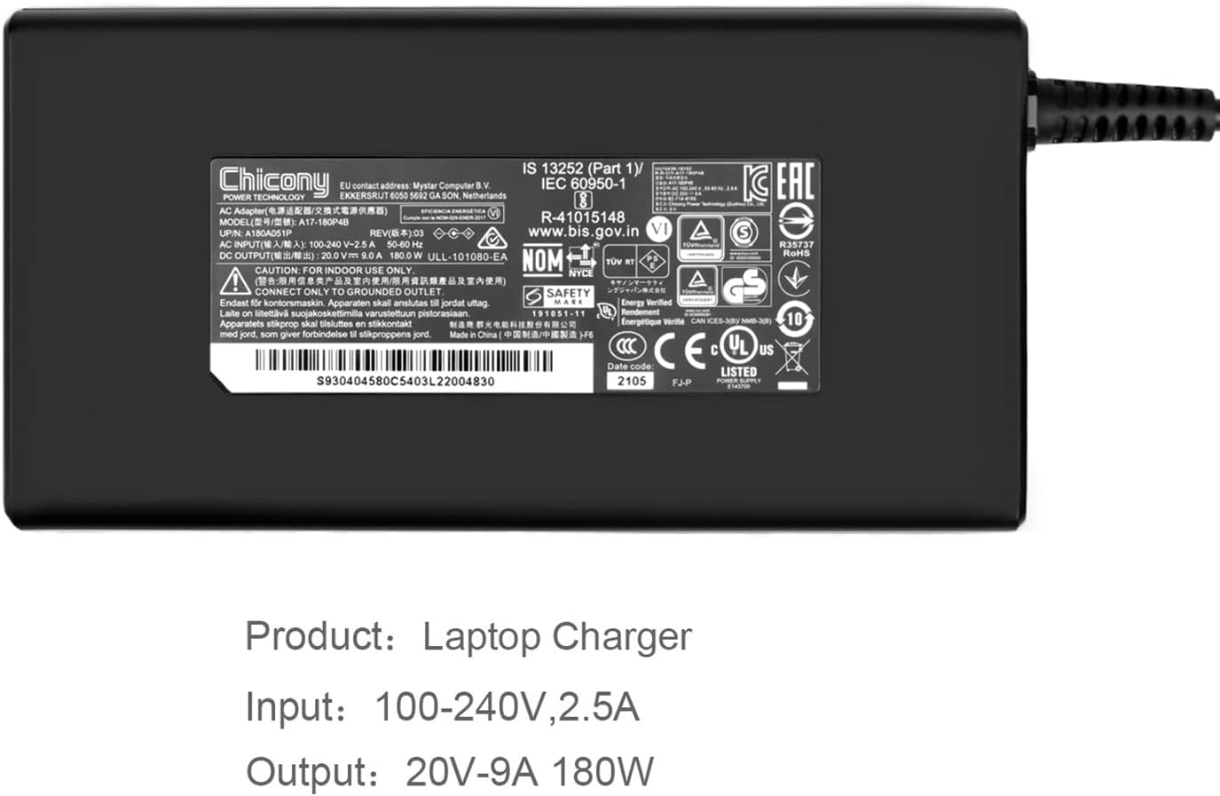 JUYOON 180W Laptop Charger for MSI GL66 GL76 WF66 GF66 GF76 WF76 Creator M16 Stealth 15M Crosshair Sword 17 15 a17-180p4b 957-15621P-104 Pack of 2