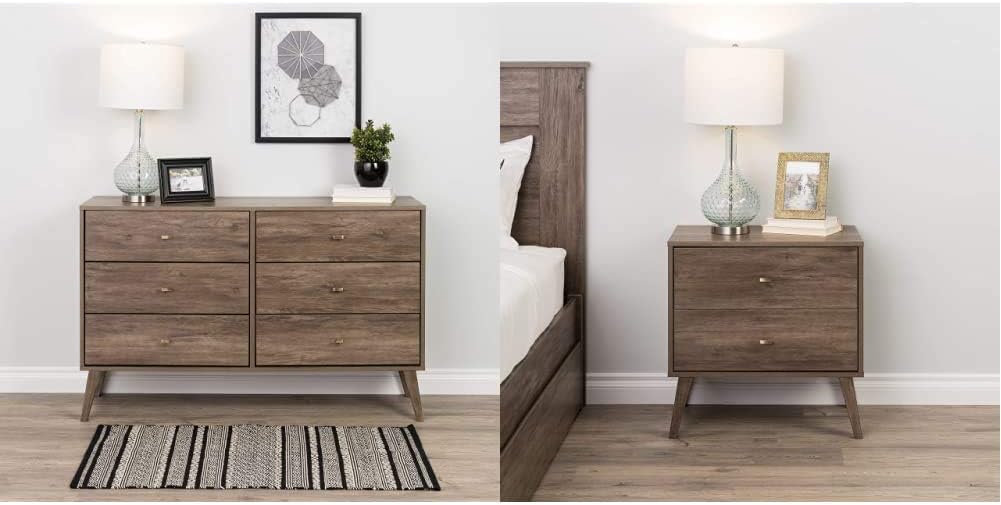 Prepac Milo Mid Century Modern Dresser, 6-Drawer, Drifted Gray & Milo Mid Century Modern Nightstand, 2-Drawer, Drifted Gray