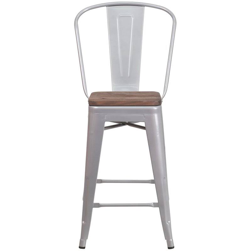Flash Furniture Offex 24x22 High Metal Counter Height Stool with Back and Wood Seat - Silver