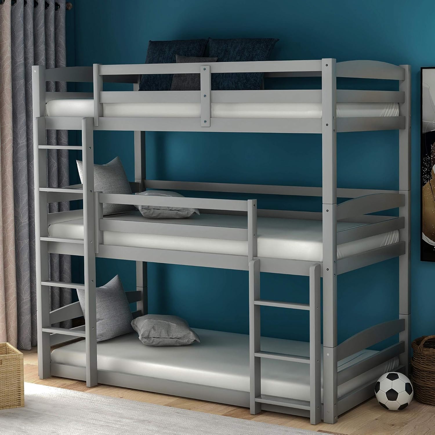 Twin Over Twin Over Twin Triple Bunk Bed for Kids, Detachable 3 Bed Frame, Wood (White)