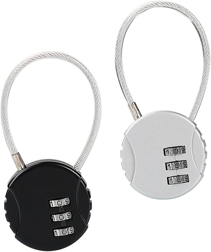 Combination Lock 3 Outdoor Waterproof Padlock, Wire Rope Password Lock, Smart and Durable, Suitable for Suitcases Trolley Suitcase Security Padlock (2 Pieces, Black, Silver)