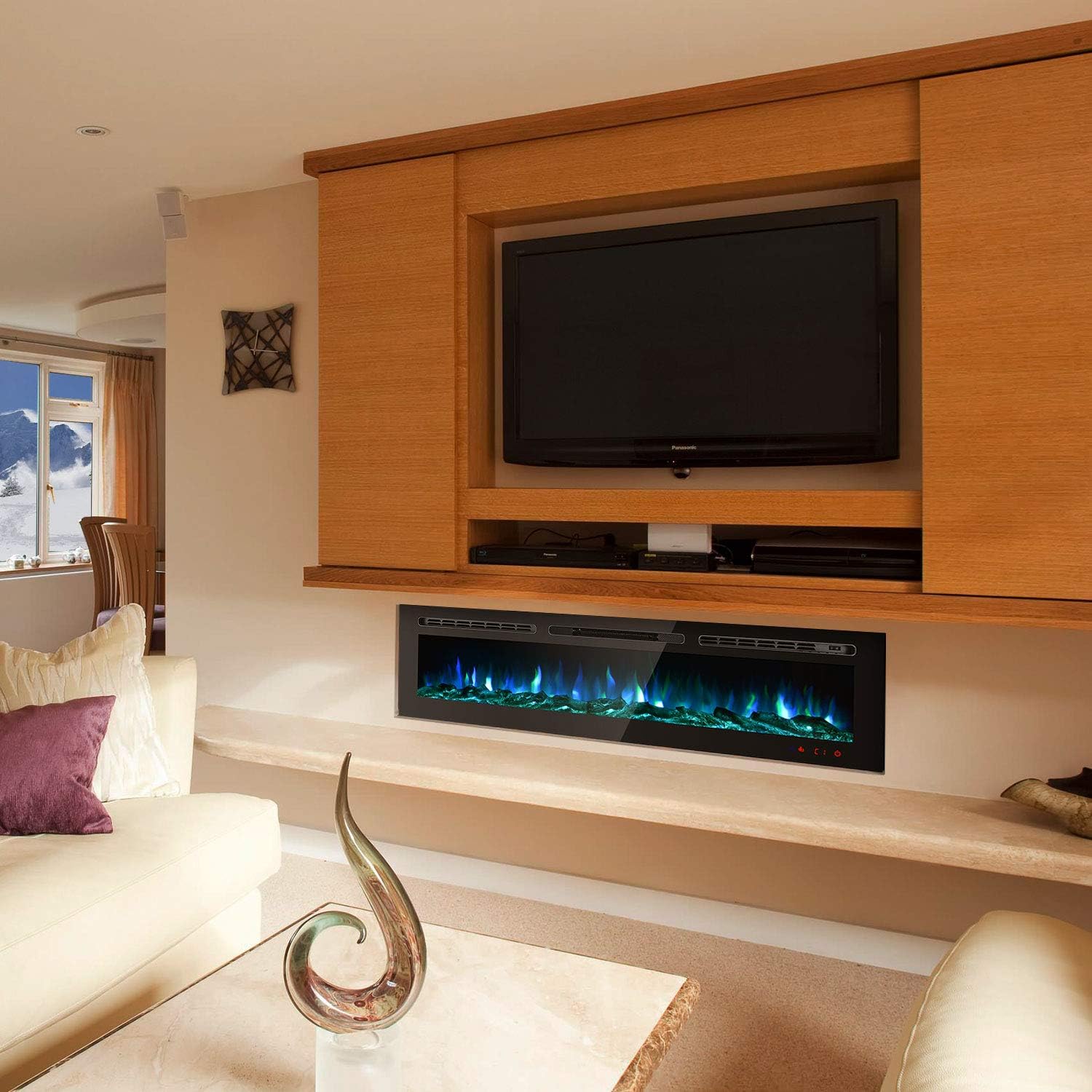 GMHome 60 Inches Recessed Electric Fireplace Wall Mounted in-Wall Built Heater Log Set & Crystal, 9 Changeable Colors, with Remote, 1500 Fireplace, Black