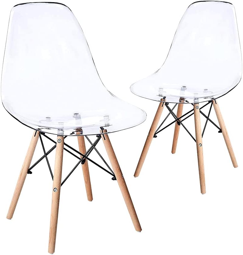 CangLong Plastic Style Side Accent Seats with Natural Wood Legs Chair for Kitchen, Dining, Living, Guest, Bed Room, set of 2, Clear 2