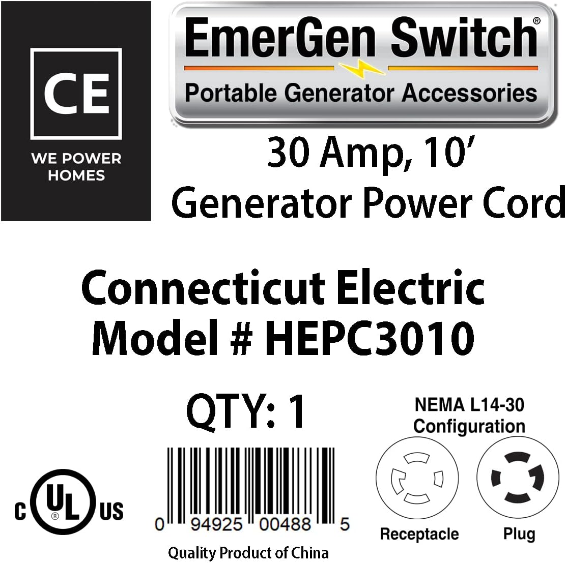 Connecticut Electric 10 Foot Generator Power Extension Cord, 30 Amp, 4 Prong, NEMA L14-30P (Male), NEMA L14-30R (Female) Pack of 2