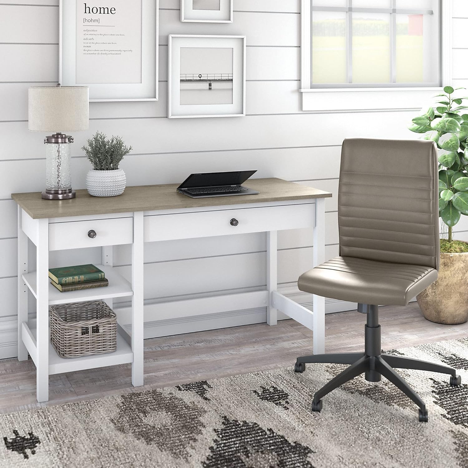 Bush Furniture Mayfield Computer Desk with Shelves and Mid Back Ribbed Leather Office Chair, 54W, Shiplap Gray and Pure White