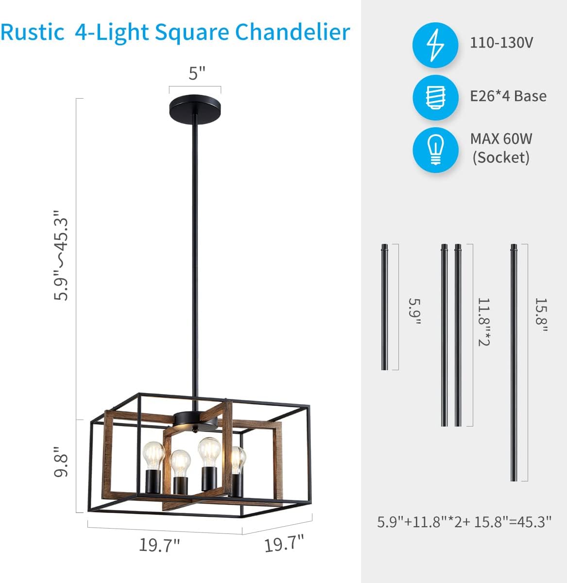 XINGQI Rectangle Chandelier, Rustic Ceiling Light Black + Reclaimed Oak Style Wood Finish with Metal Shade Farmhouse Pendant Lighting for Living Room Dining Room Bedroom Kitchen Island 4 Light