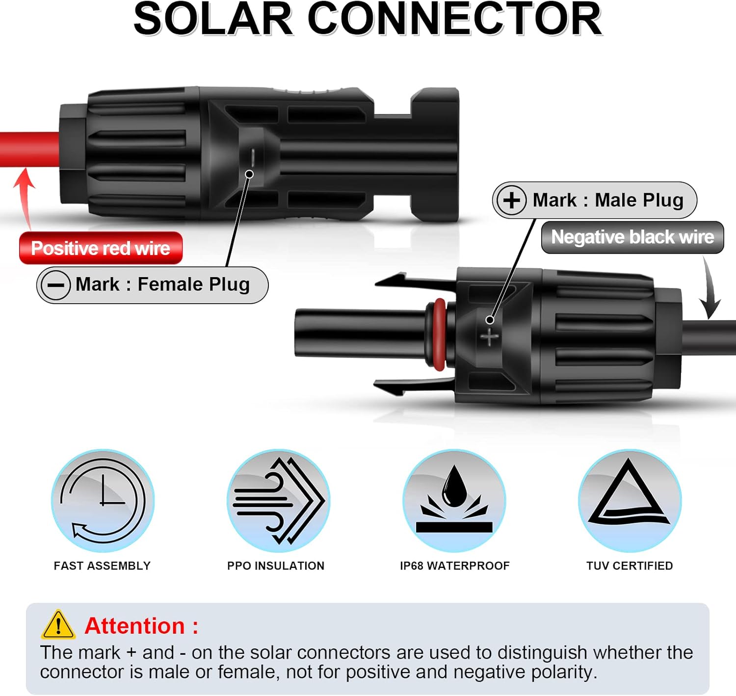 iGreely 50 Feet 10AWG Solar Extension Cable with Female and Male Connector Solar Panel Adapter (50FT Red + 50FT Black)