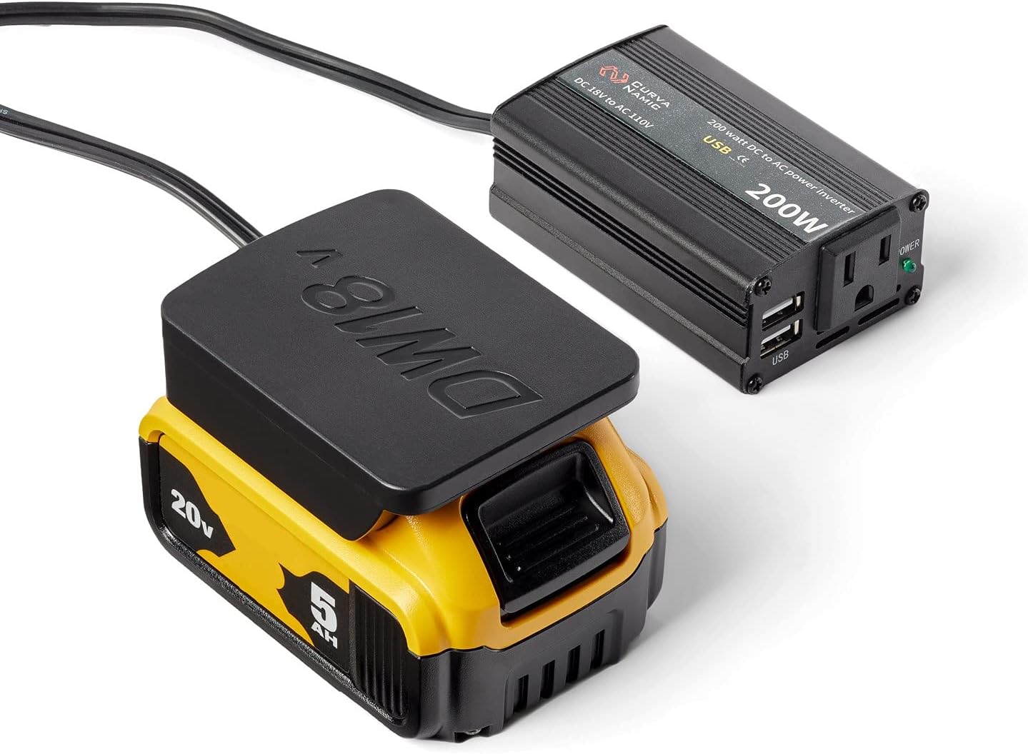 CurvaNamic Power Inverter Outlet Adapter Compatible with DeWalt 18V/20V Battery – 200W DC to 120V AC with Dual USB - 20-Volt Powered Compact Cordless Inverter Pack of 2