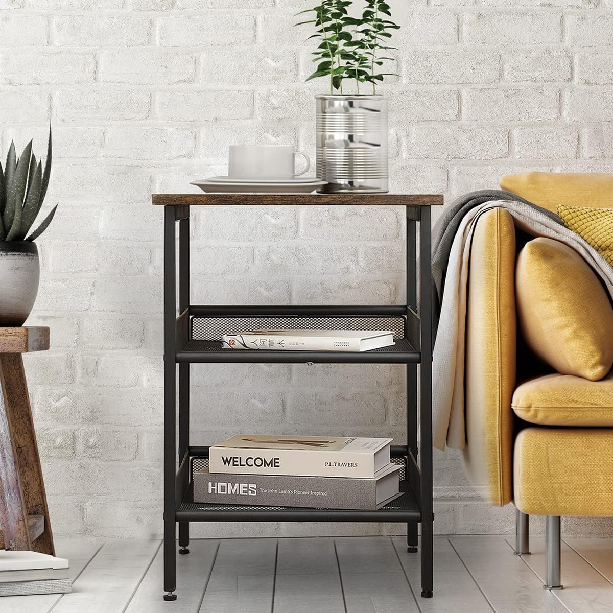 AMHANCIBLE Side Table Living Room Set of 2, Industrial End Table with Mesh Shelves, Bedside Tables for Small Space, Rustic Nightstand Brown