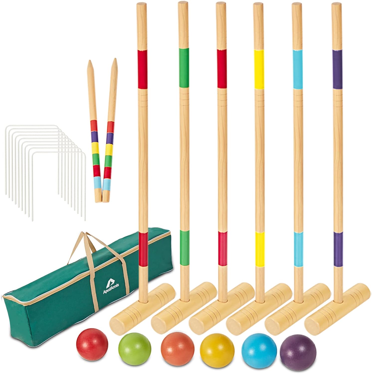 ApudArmis 35In Six Players Croquet Set with Deluxe Premiun Pine Wooden Mallets,Colored Ball,Wickets,Stakes - Lawn Backyard Game Set for Adults/Teens/Family (Large Carry Bag Including)
