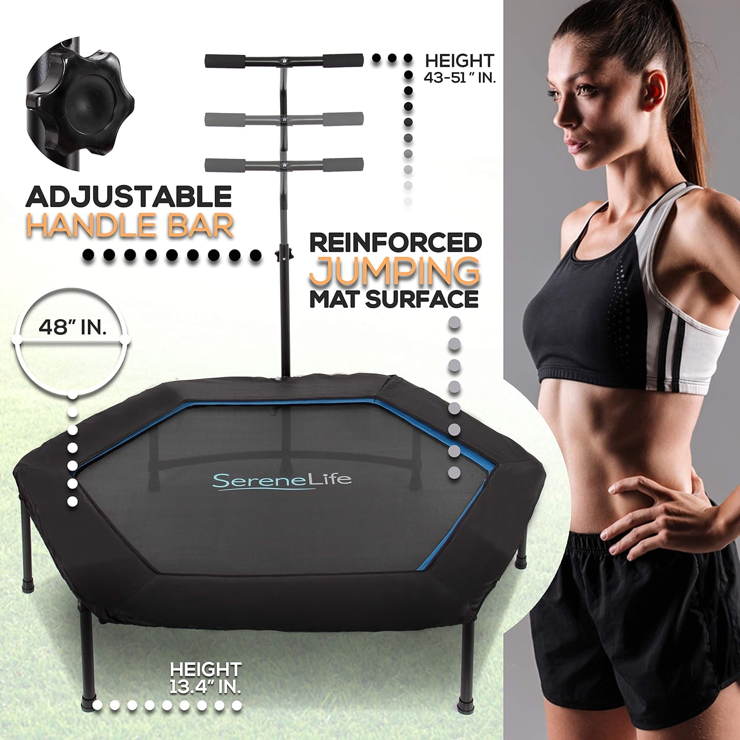 SereneLife Indoor Fitness Trampoline Folding 48 Inch with Adjustable Handrail and Safety Pad, Exercise Trampoline Rebounder for Indoor/ workout training, Black (SLELT518)