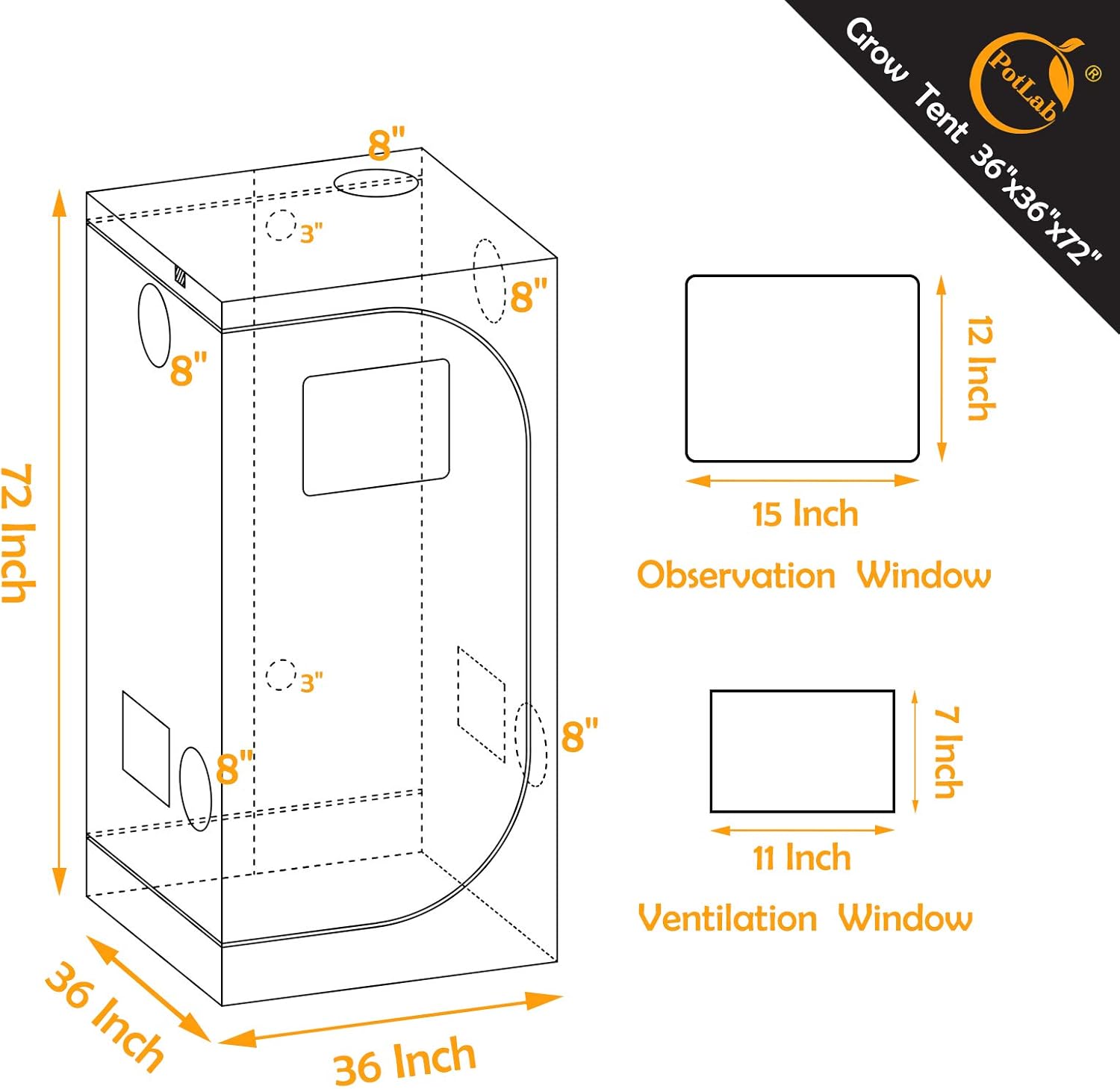 POTLAB 3x3 Grow Tent to Cultivate in Small Spaces - Hydroponic Grow Tent with Easy View Window - Grow Tents with Mylar Fabric to Stop Light Leaks - Indoor Grow Tent Accessories Kit - 36x36x72