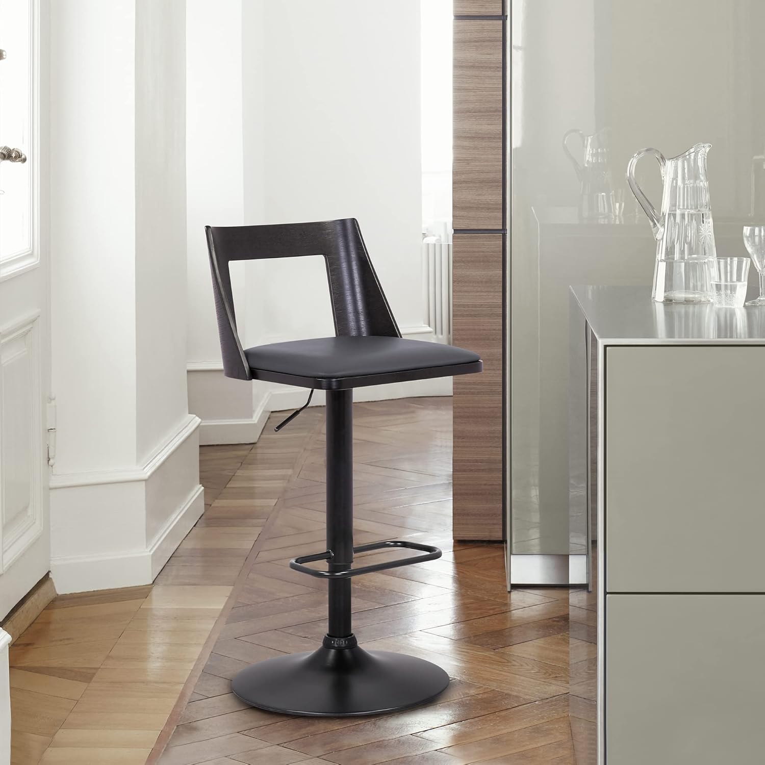 Milan Adjustable Swivel Grey Faux Leather and Black Wood Bar Stool with Black Base