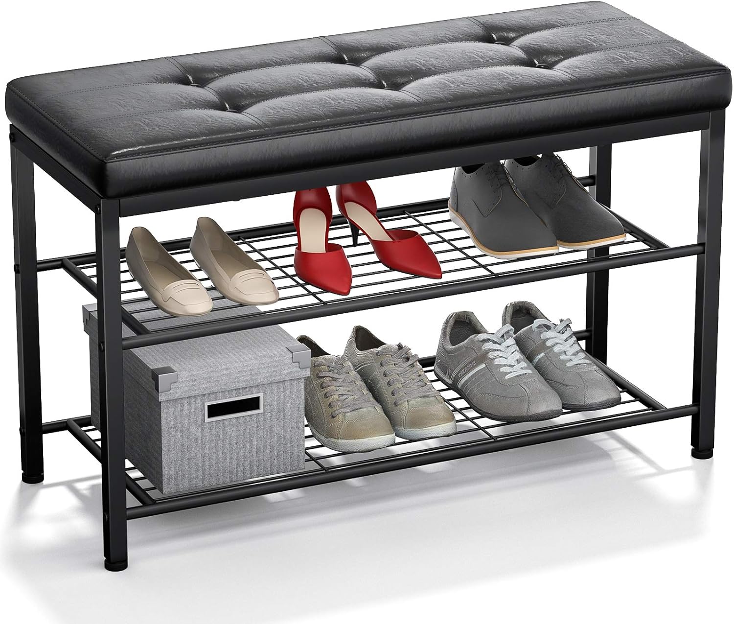 Ecoprsio Shoe Bench, 3 Tier Shoe Rack for Entryway, Metal Frame, Leather Bench Seat, Shoe Rack Bench Organizer with Mesh Seat, Black