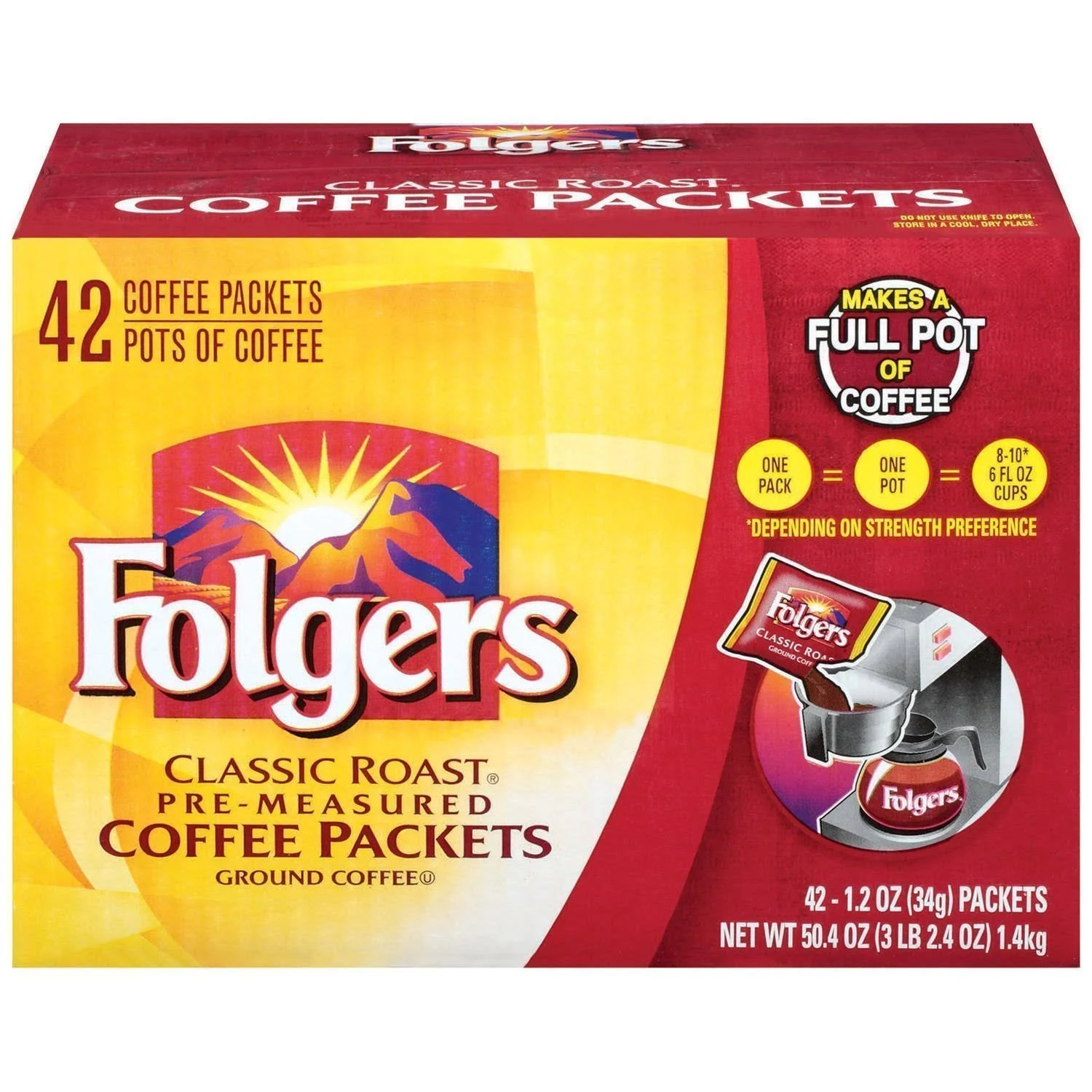 Folgers Classic Roast Ground Coffee Packets 1.2 oz. 42 Ct. Pack of