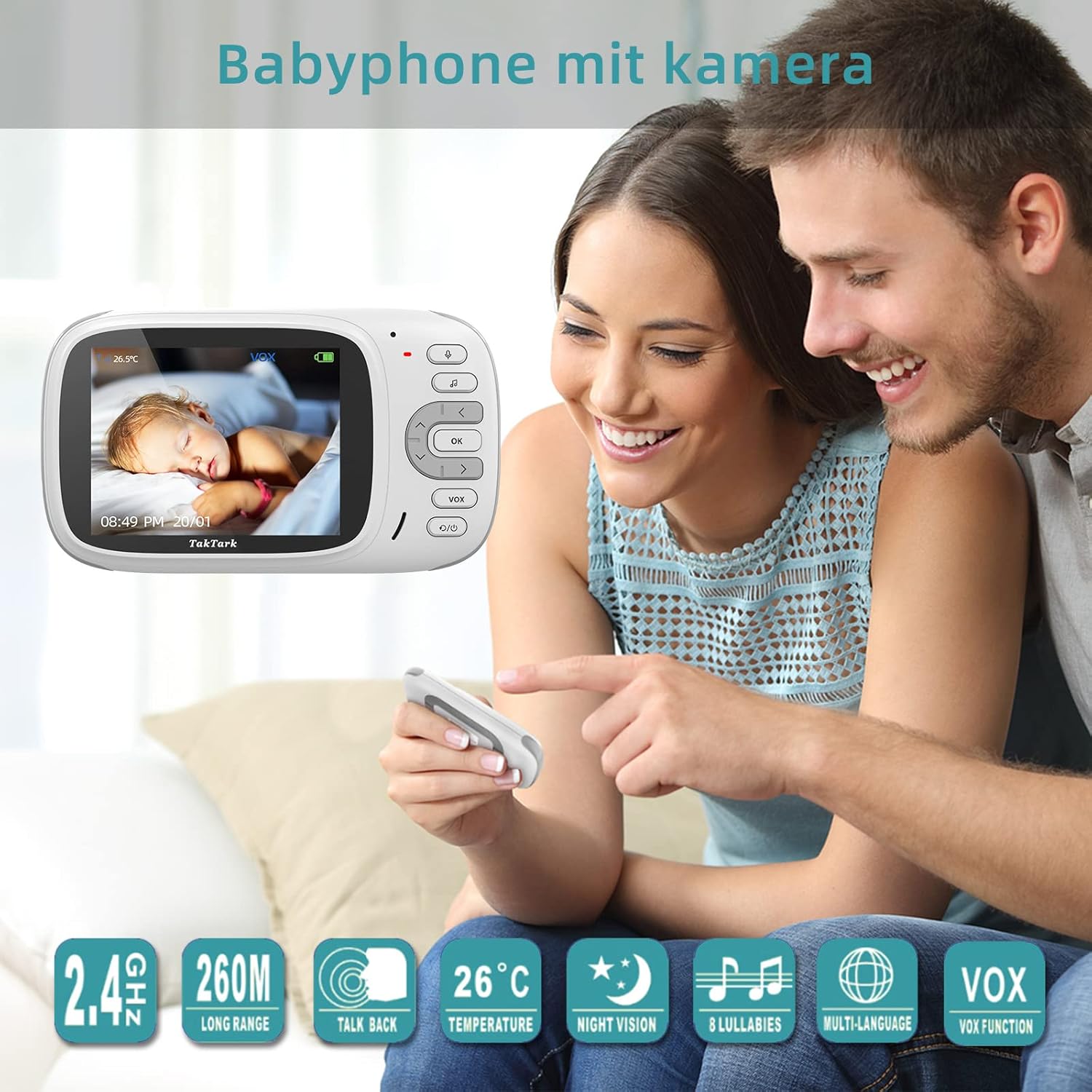 TakTark Baby Monitor with Camera and Audio, Security Camera Baby Monitor No WiFi, 2-Way Talk-Back, VOX Sound Activated, Infrared Night Vision, Room Temperature Detection, Range up to 850ft Pack of 2