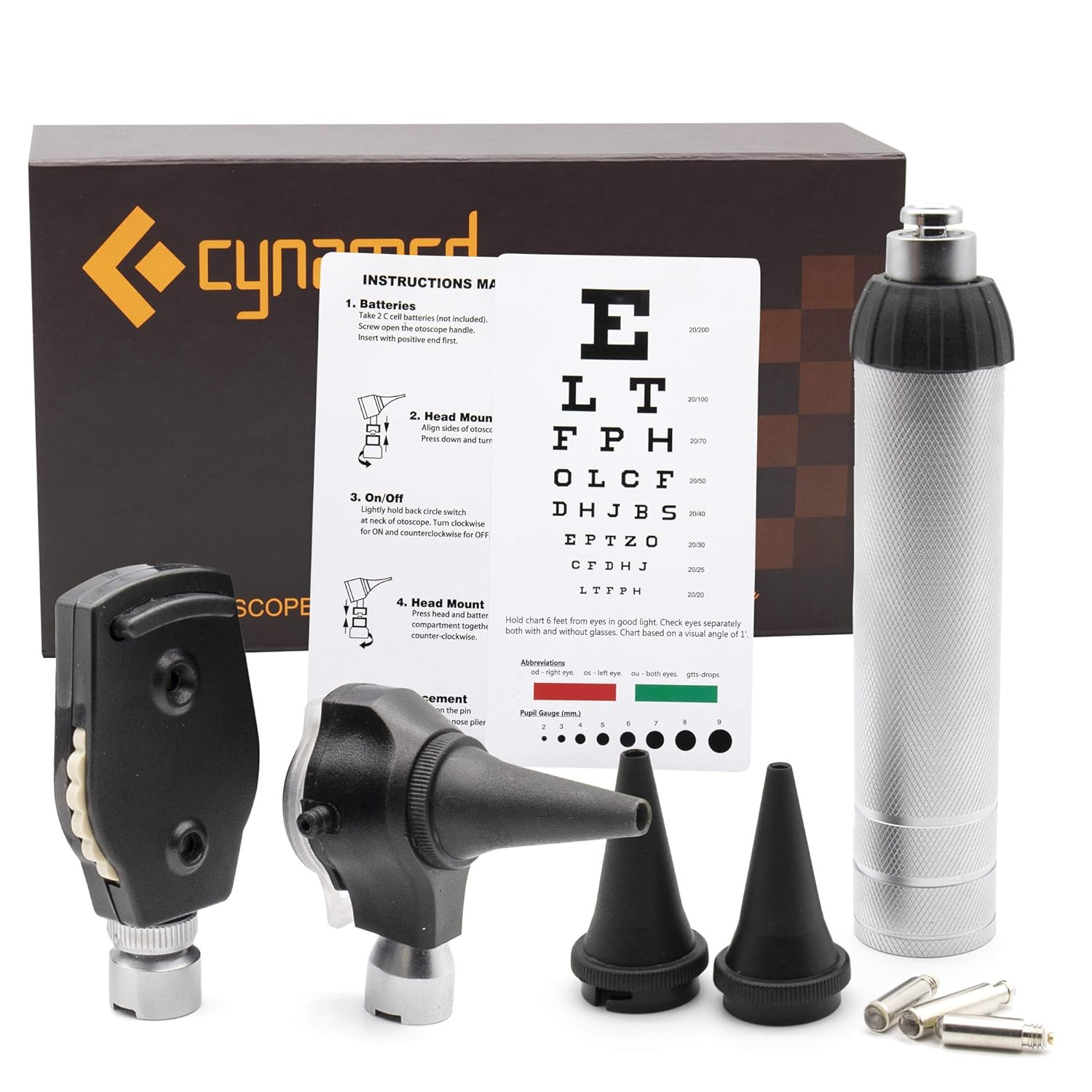 Cynamed 2-in-1 Ear Scope Set - Multi-Function Otoscope for Ear, Nose & Eye Examination- Kit for Home and Medical Students - Sight Chart, Replacement Tips, and Carry Case Pack of 2
