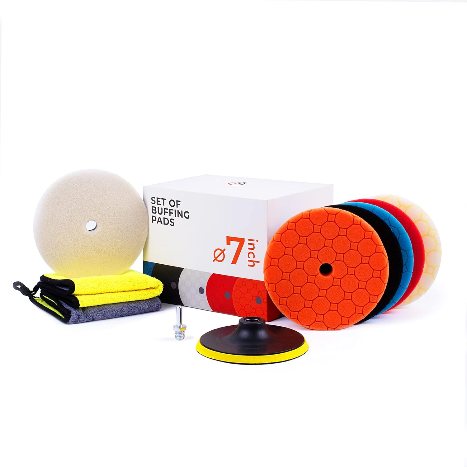 Amber & Hitch 7-inch Polishing Pad Kit - 5 Foam Buffing Pads, 1 Wool Buffer Pads, 2 Microfiber Towels, 1 Drill Adapter - Car Polisher Pads, Boat Waxing Pads Set for All Surfaces