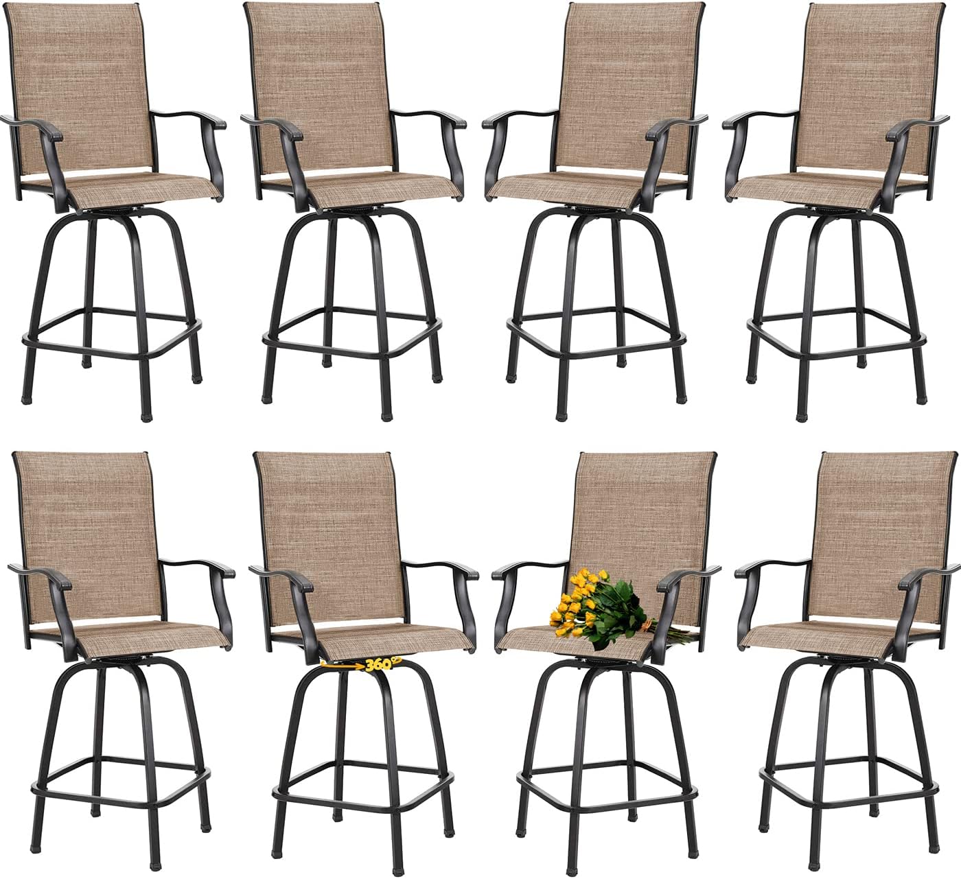PIAOMTIEE Outdoor Swivel Bar Stools Set of 4, Patio Swivel Bar Stools with Backs and Arms, All Weather Patio Chairs with Textilene for Garden Lawn Yard, Brown