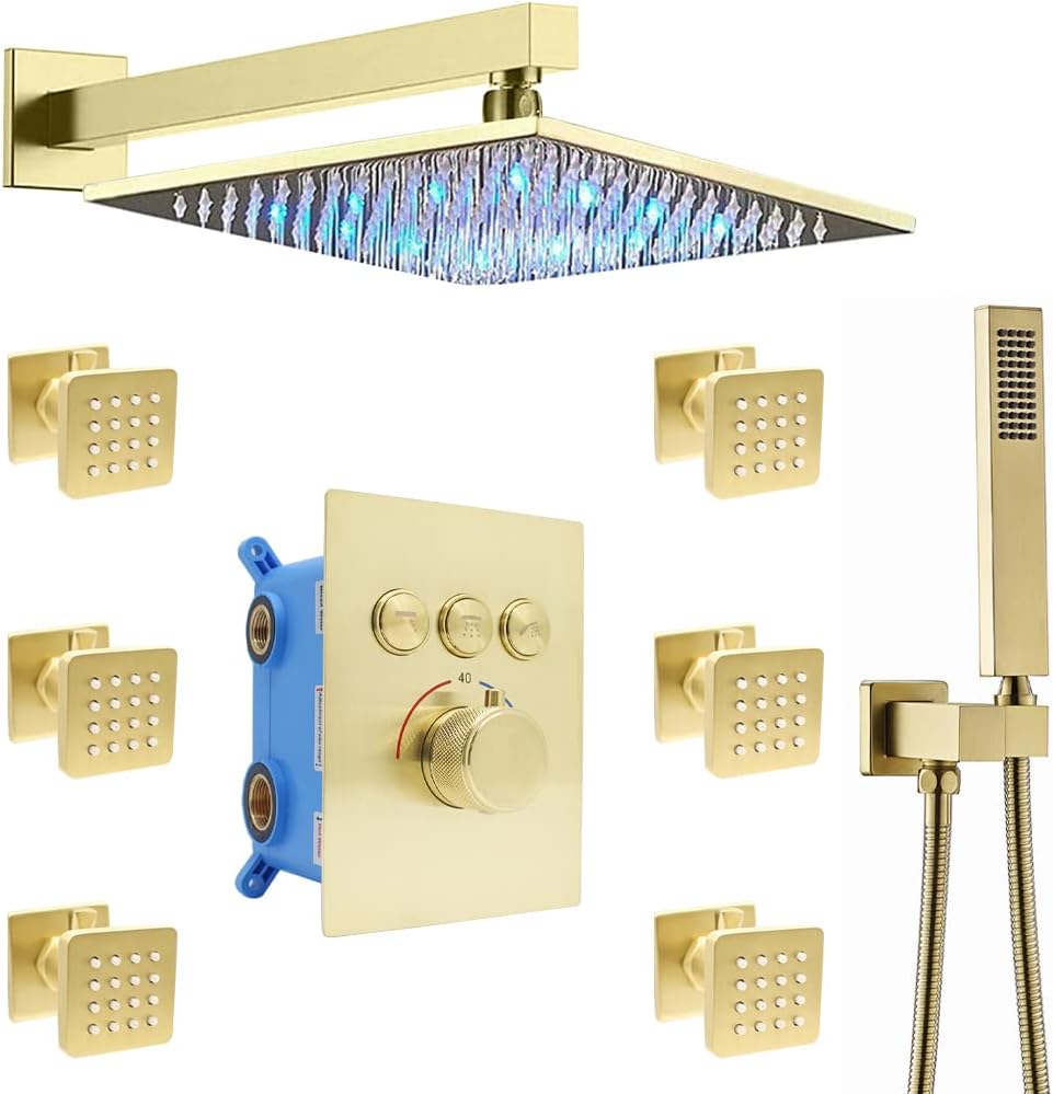 Backnets shower system 12 Inch Wall Mount LED Rainfall Shower Heads System with 6pcs Body Jets and Shower Handheld system，Shower Faucet Fixture Set, Can Use All Options at A Time (Matte Black)