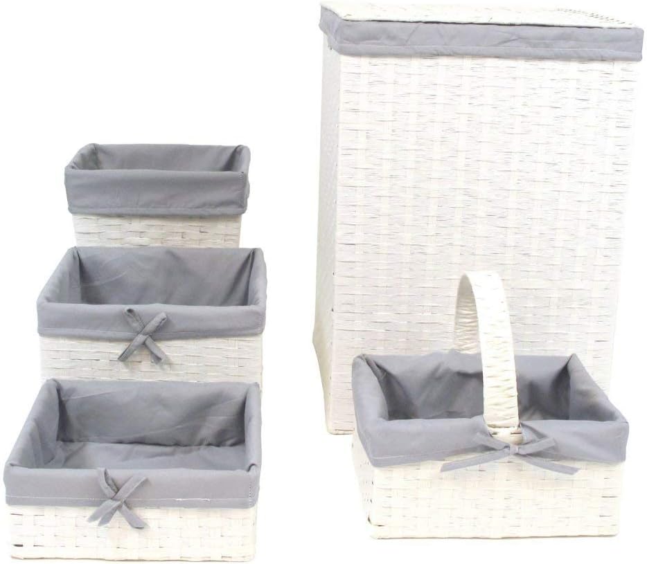 Redmon Five PC Hamper and Basket Set, White/Gray Pack of 2