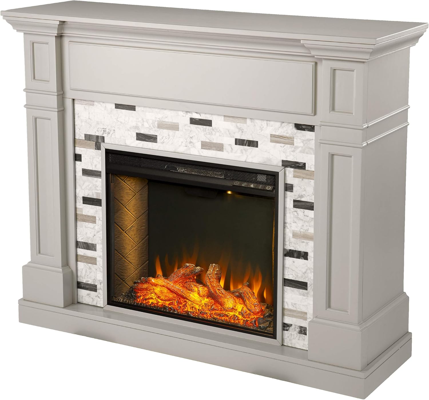 SEI Furniture Birkover Alexa Enabled Fireplace w/ Marble Surround, Gray/ Black/ White