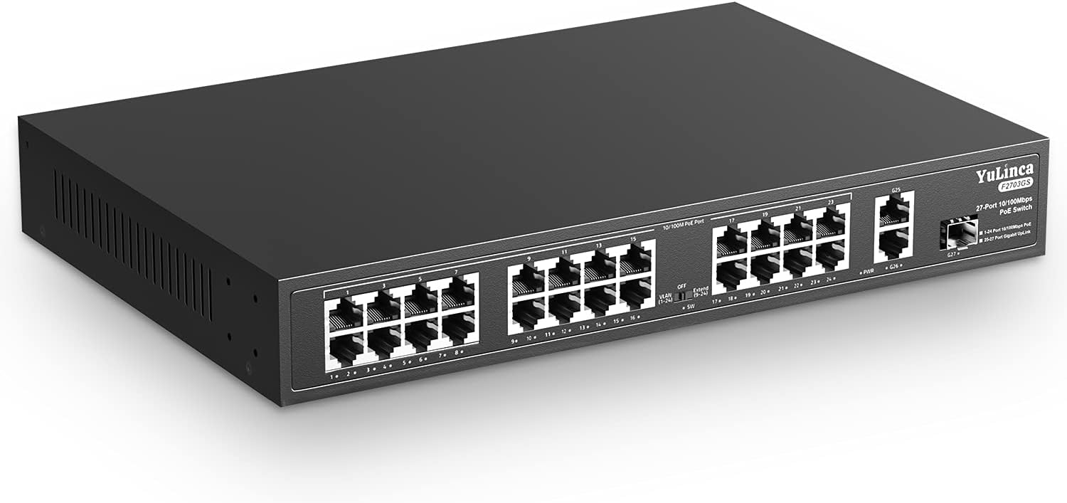 YuLinca 24 Port PoE Switch, 2 Gigabit Ethernet Uplink, 1 SFP Port, IEEE802.3af/at, Max 300W, Port-Based VLAN, 250m PoE Extend, RackMount Fanless Unmanaged Ethernet Switch
