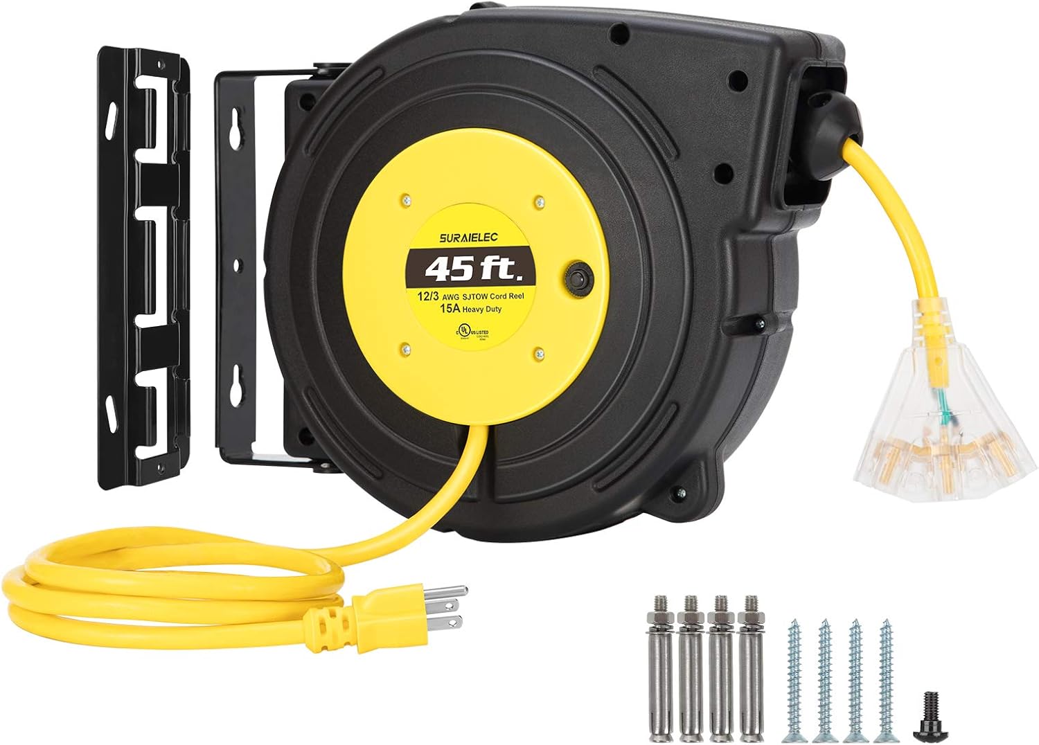 Suraielec 12 Gauge Extension Cord Reel, 45 FT Retractable Extension Cord, 12 AWG/3C SJTOW Heavy Duty Power Cord, 15 AMP Circuit Breaker, Lighted Triple Tap, Ceiling or Wall Mount, UL Listed