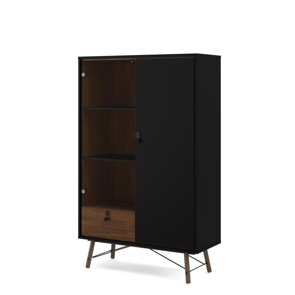 Tvilum Ry 1 Drawer China Cabinet with 1 Door u0026 1 Glass DOOR, Black Matte/Walnut