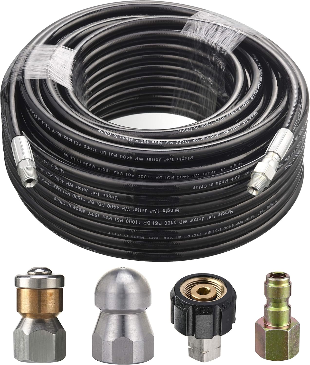 M MINGLE Sewer Jetter Kit for Pressure Washer, 1/4 Inch NPT, 100 Feet Hose, Button Nose and Rotating Sewer Jetting Nozzle, Orifice 4.0, 4.5, Pressure 4000 PSI Pack of 2