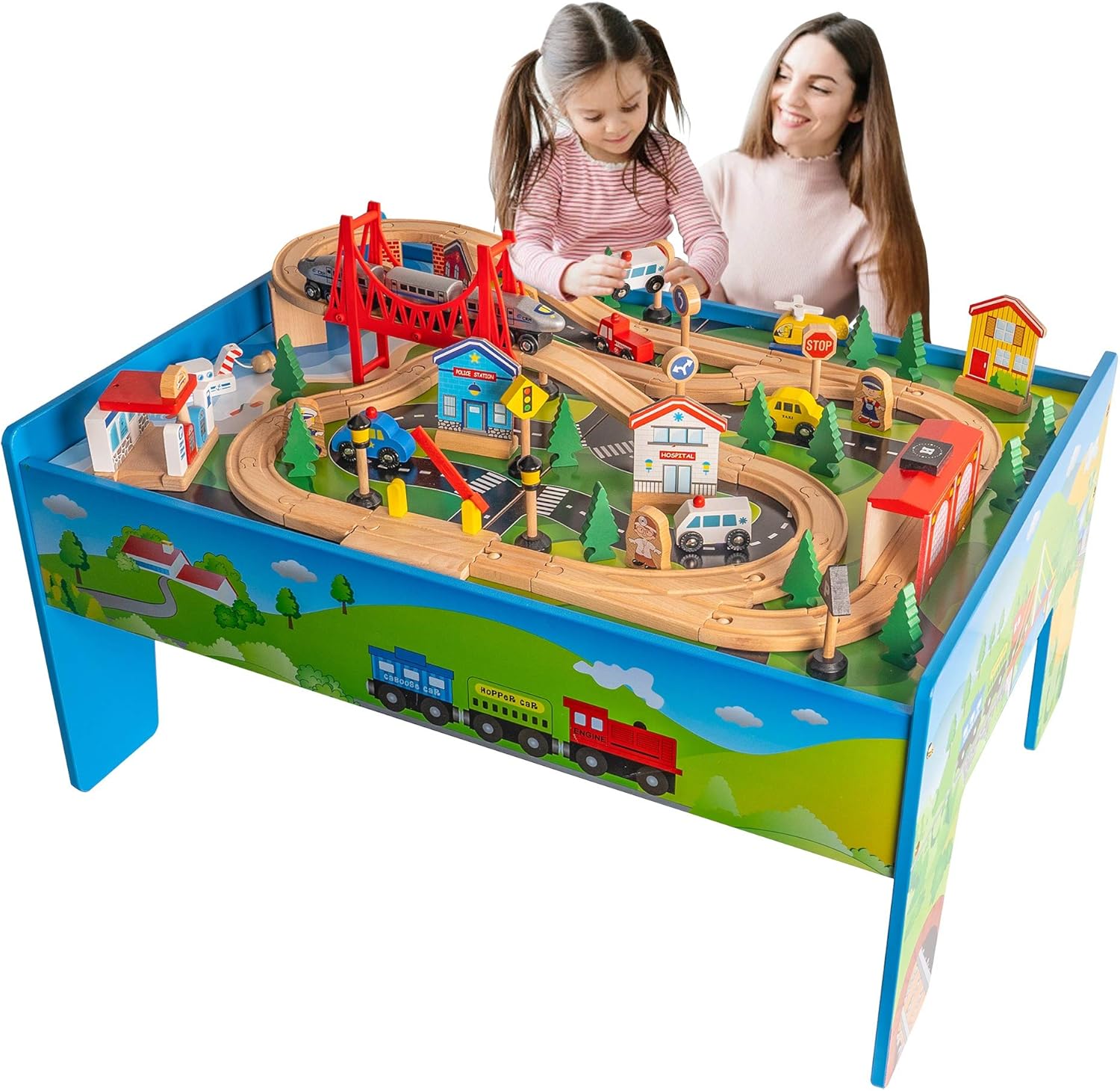 FUNPENY Train Table Toys,Wooden Train Track Railway City Sets Table for Kids Toddlers