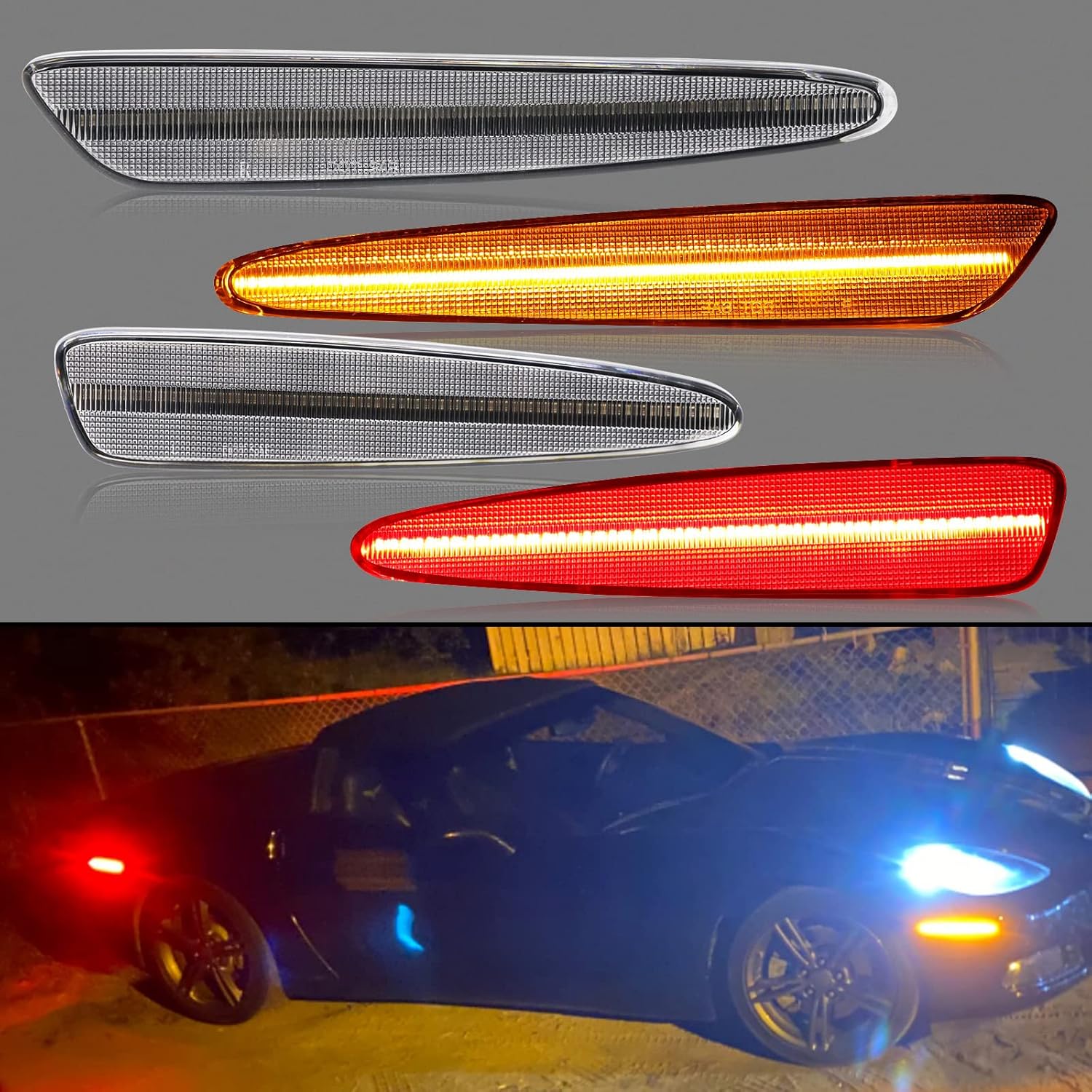 Clear Lens LED Side Marker Lights for C6 Corvette 2005-2013, 4PCS Amber Front & Red Rear Sidemarker Lights, Replace OEM 10440721 10440722 Pack of 2