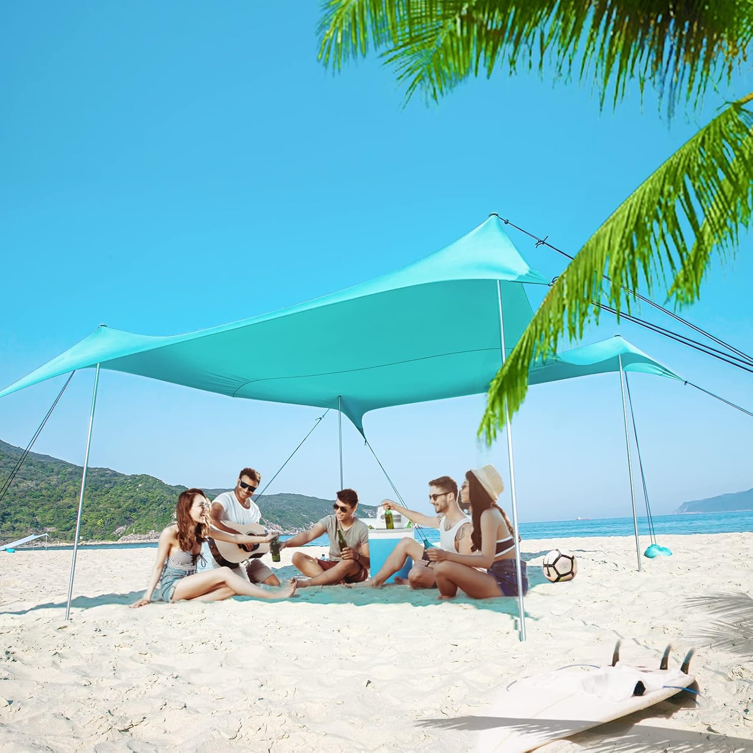 ADesign Large Beach Tent Sun Shelter with 4 Poles and 8 Sandbags, 9.8 x 9.8 ft Wind Resistance Grande Family Beach Canopy with Sand Shovel, UPF50+, Easy Setup Sun Shade for Beach Vacation, Teal